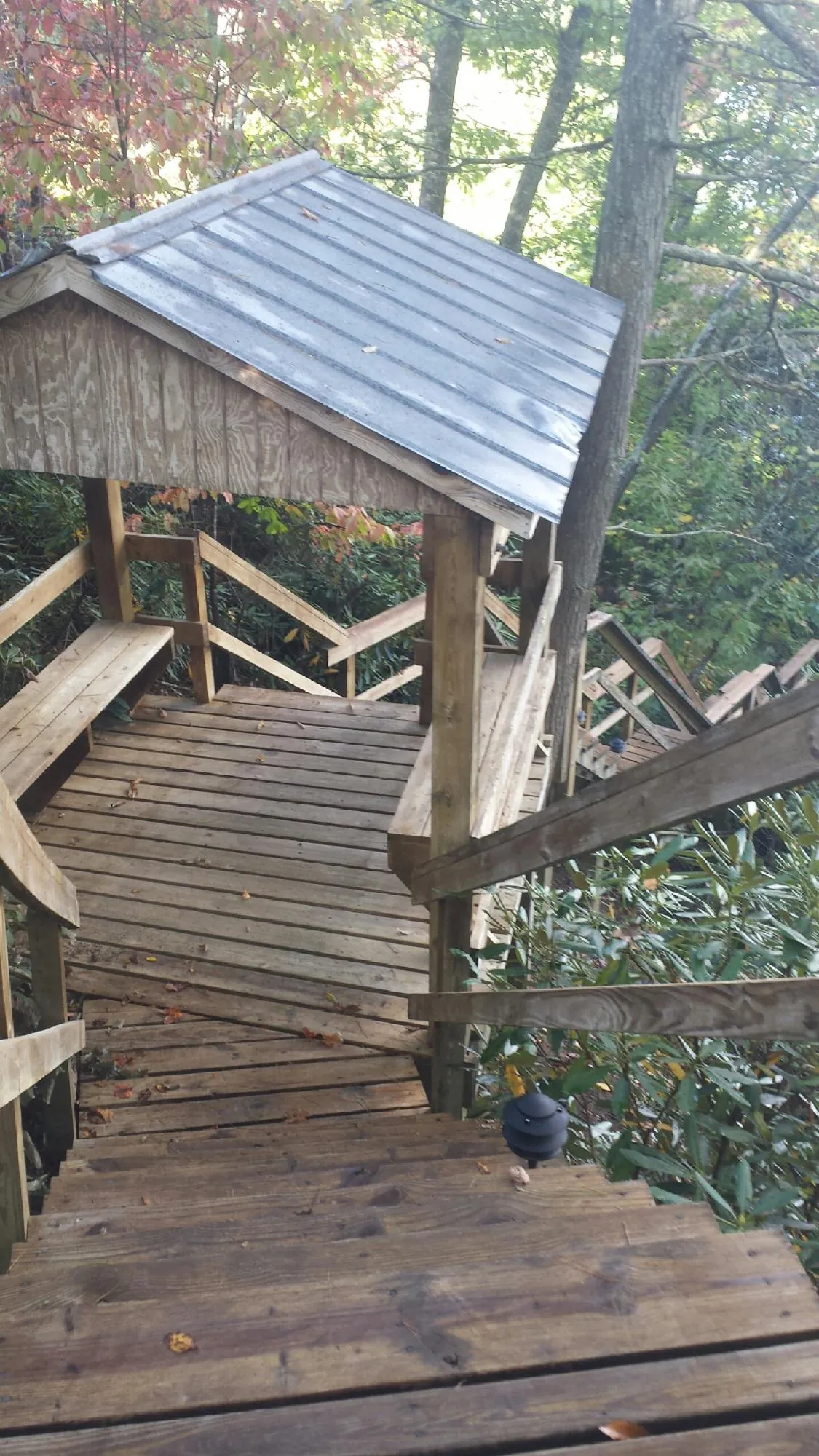 Metal roofed shelter over wooden steps on a wooded walkway — Skylight Repair & Installation work by our crew in Panora